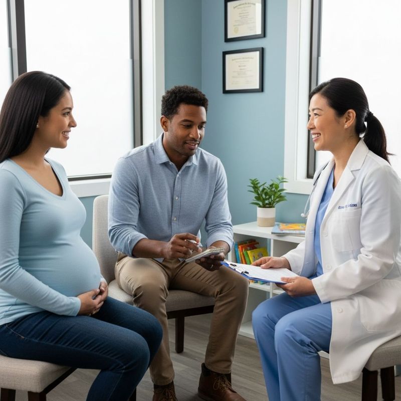 An expectant couple sits in a bright medical office, engaged in a friendly conversation with a female pediatrician. The doctor holds a clipboard and smiles, depicting a prenatal "meet and greet" consultation where parents can ask questions and discuss care. An expectant couple sits in a bright medical office, engaged in a friendly conversation with a female pediatrician. The doctor holds a clipboard and smiles, depicting a prenatal "meet and greet" consultation where parents can ask questions and discuss care